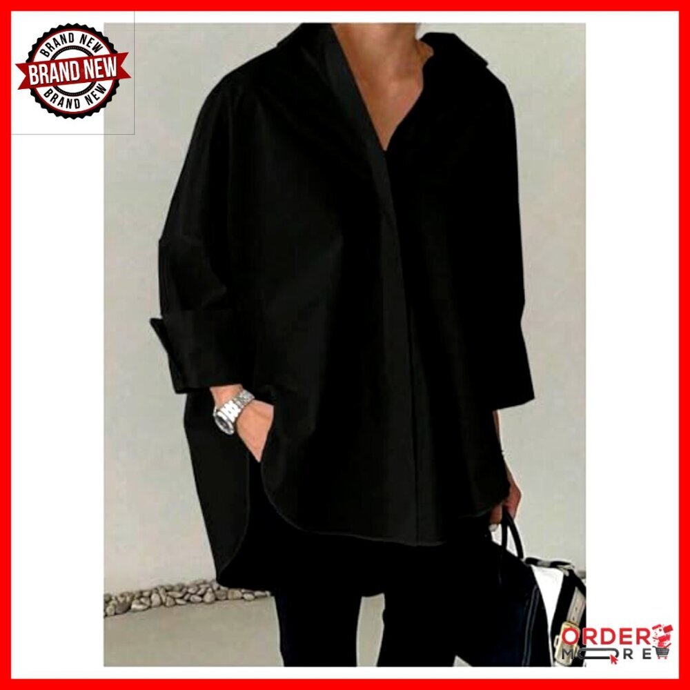 Oversized Button Down Shirt, Bell Sleeves, Work Casual Blouse, Premium Fabric - Picture 2 of 5
